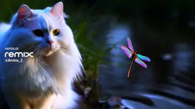Persian Cat and Dragonfly Under Moonlight