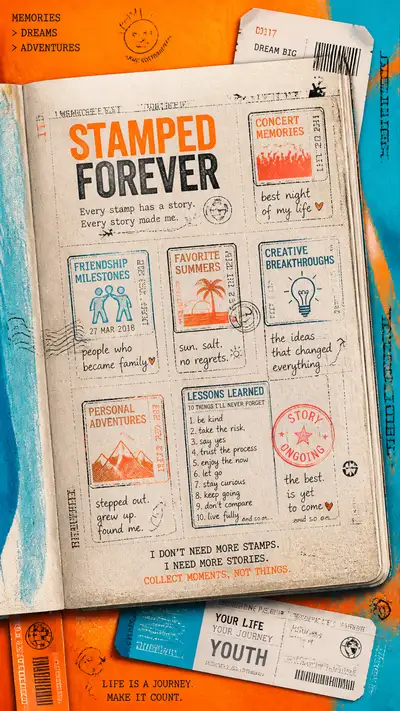 STAMPED FOREVER memory-passport editorial poster