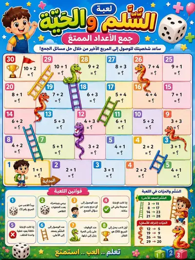 Cartoon snakes and ladders board game for kids learning addition