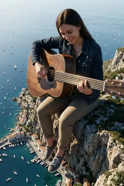 Giant Woman on Cliff with Massive Guitar