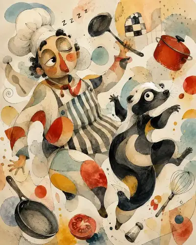 Biomorphes Mixed-Media-Gemälde mit menschlichen und tierischen Figuren