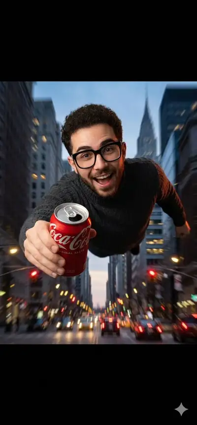 Flying Men with Cola Can in Motion Blur City