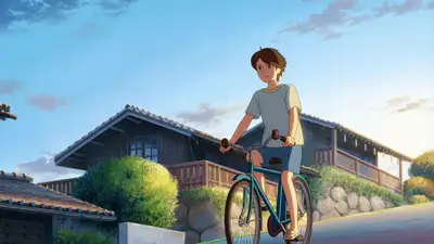 Anime Boy Cycling Uphill Morning Scene