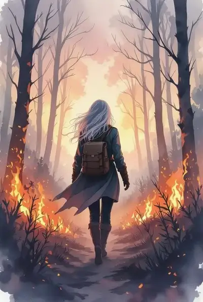 Dreamy Watercolor Explorer in Burning Forest