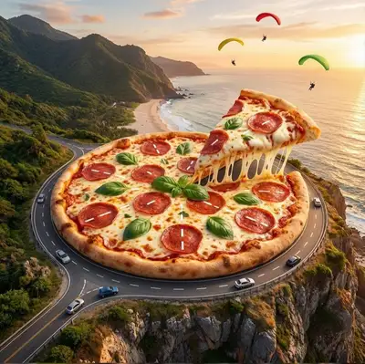 Surreal pizza-world fantasy, coastal road and cyberpunk car
