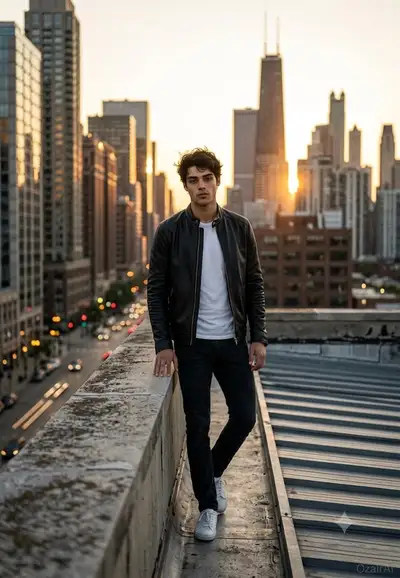 Cinematic Rooftop Portrait at Golden Hour