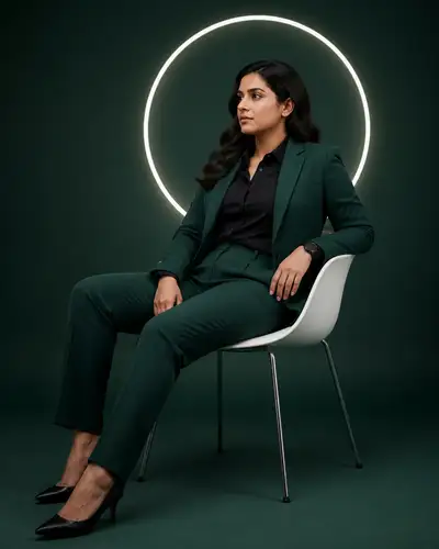 Studio portrait of woman in forest green power suit
