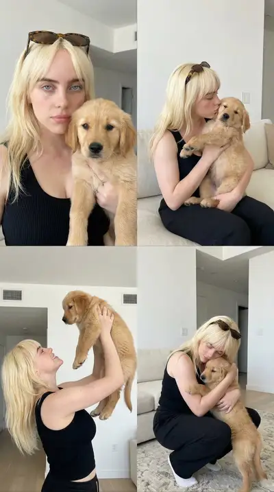 Four-panel lifestyle collage of a woman with a golden retriever puppy