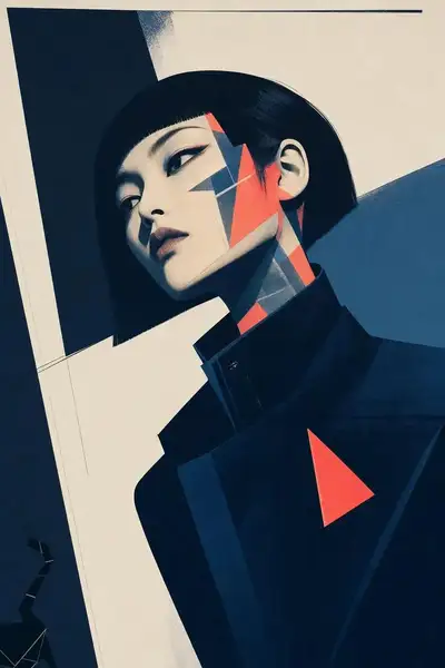 Hard Edge Modern Art Portrait with Neon Coral Accents