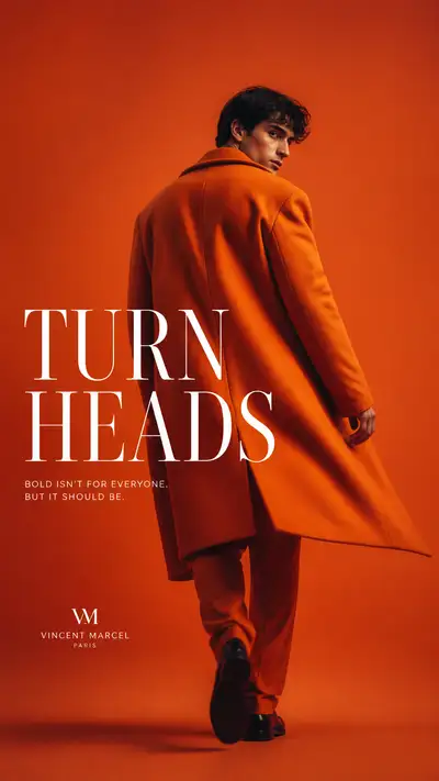 Tangerine coat menswear editorial with rear perspective