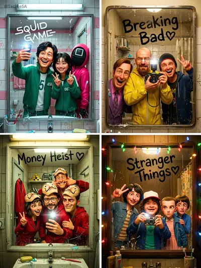 Pixar-style mirror selfie of a show's whole cast