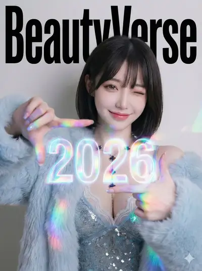 Portada de revista BeautyVerse 2026 con visor holográfico