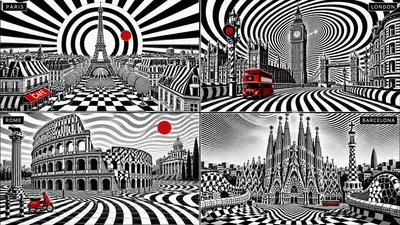ヨーロッパの都市スカイライン向けオプアート錯視プロンプト