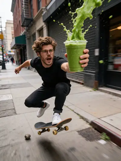 Skateboarder Superman Pose with Green Smoothie Eruption