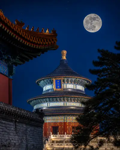 Night Photograph of Beijing's Temple of Heaven Under a Full Moon