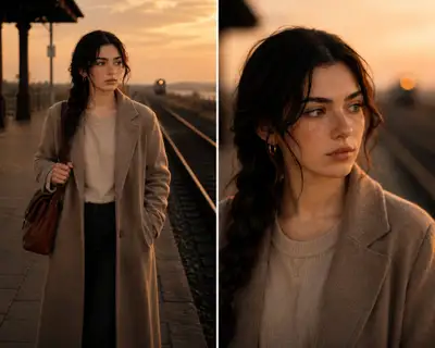 Retrato em plataforma de trem ao pôr do sol com prompt negativo