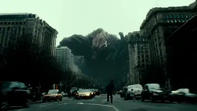 Giant creature stomping through city streets