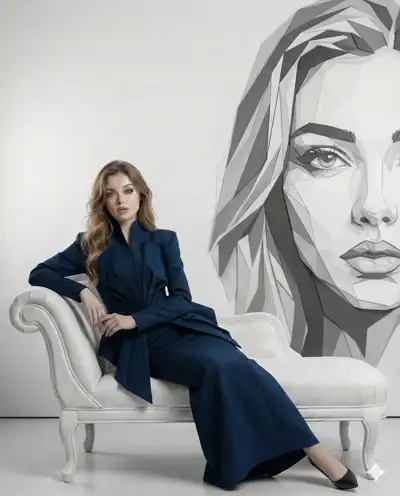 Editorial-Studioporträt mit geometrischer Gesichts-Wandkunst