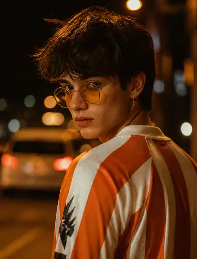 Night street portrait with amber tinted sunglasses