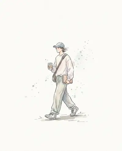 Ilustración urbana minimalista de personaje en acuarela