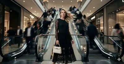 High-Fashion Editorial Woman at Mall Escalator