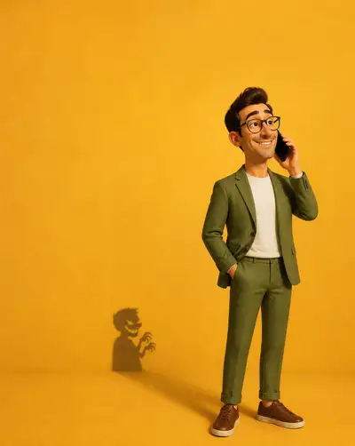 Pixar-style designer with an ironic villain shadow illustration