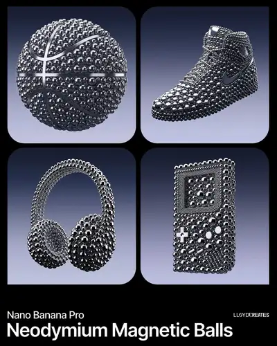 Product rebuilt from a cloud of chrome spheres (Neodymium FX)