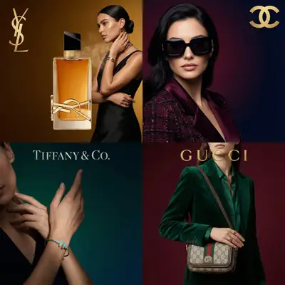 Luxury editorial poster with model wearing branded product
