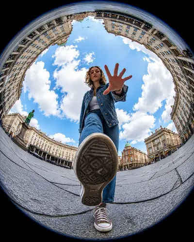 Froschperspektiven-Fisheye-'Miniplanet'-Actionfoto (GPT Image 2)