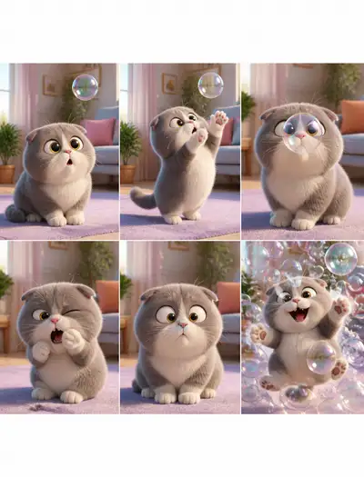 Storyboard de um gato Scottish Fold e uma bolha de sabão