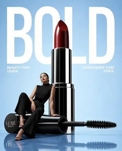 High-End Editorial Makeup Ad with Bold Lipstick
