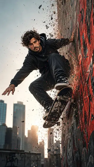 Skateboarder bei einem Lufttrick vor einer Graffiti-Wand