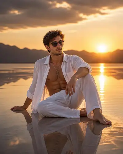 Reflektierendes Golden-Hour-Strandporträt eines selbstbewussten Mannes