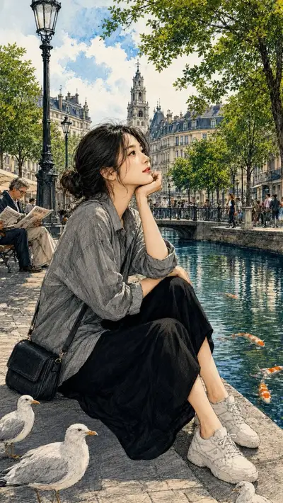 Watercolor illustration of a woman resting by a Paris canal
