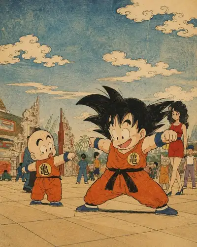 アニメ風武術デュオを再解釈した浮世絵木版画