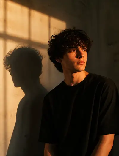 Moody golden hour portrait against a sunlit wall