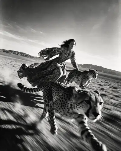 Foto de alta costura monocromática en el desierto con guepardos