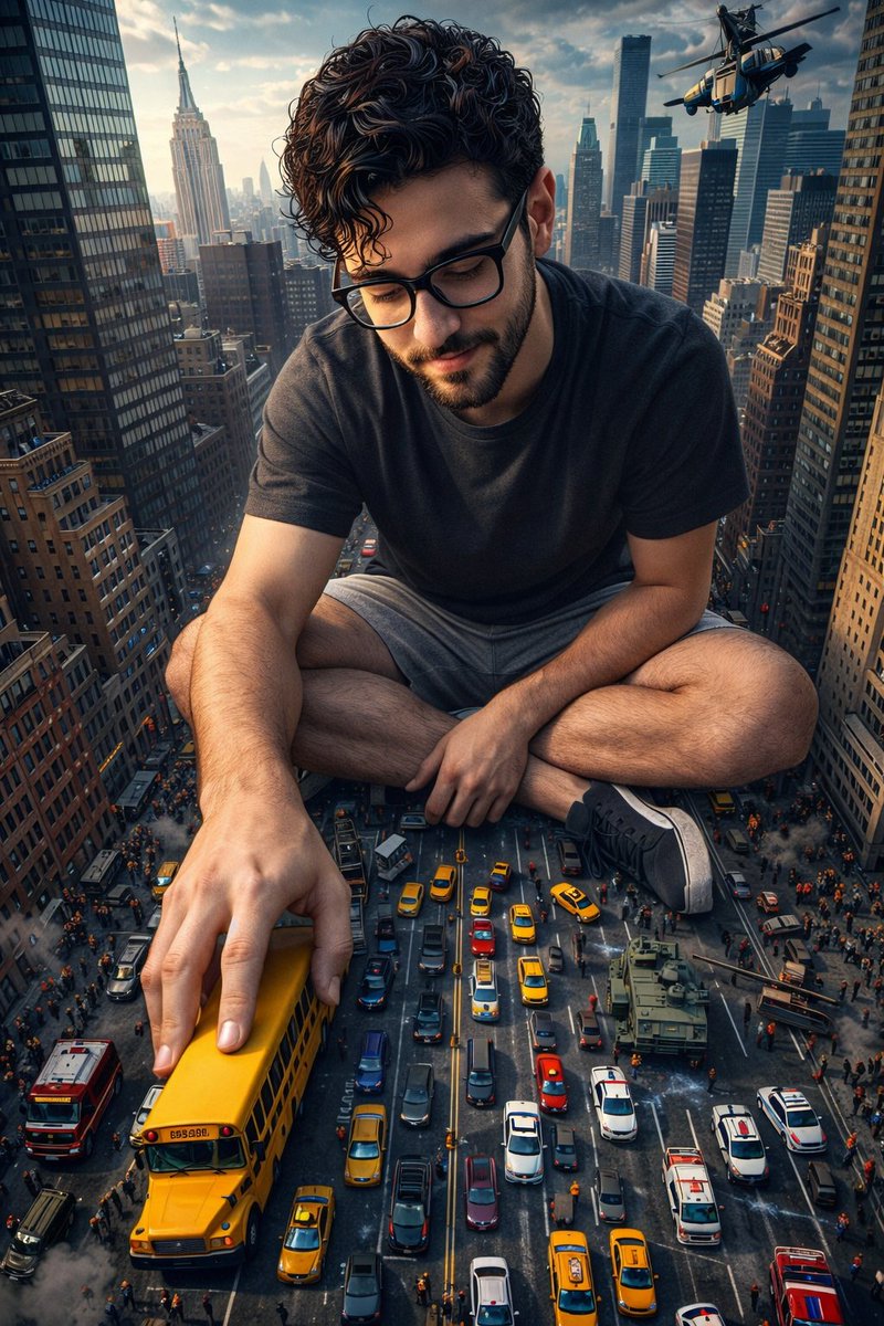 Giant boy towering over a city thoroughfare, GPT Image