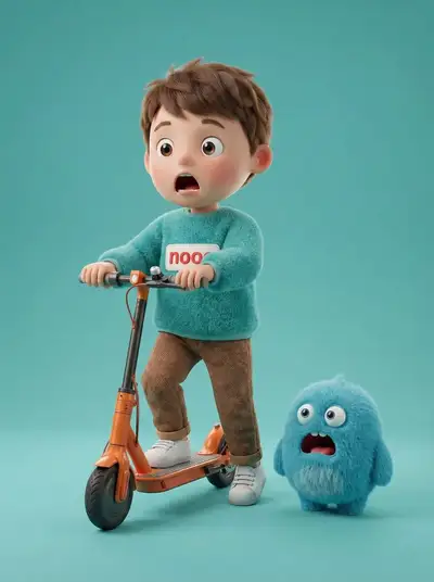 3D render of boy on scooter with fuzzy blue monster