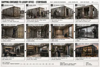 Hoja de guion gráfico cinematográfico ultrarrealista que muestra 12 paneles secuenciales de un