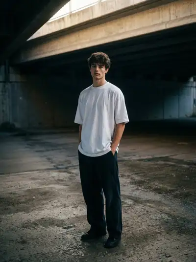 Moody film-look portrait under a concrete overpass