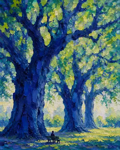 Impasto oil painting of giant cobalt blue trees