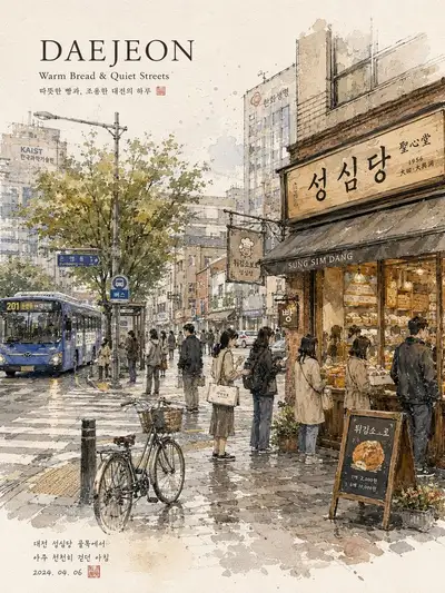 Dreamy Watercolor Korean City Street Illustration
