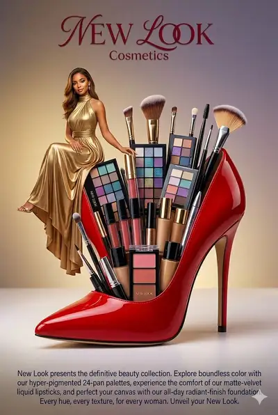 Surrealist luxury makeup ad with giant high-heel
