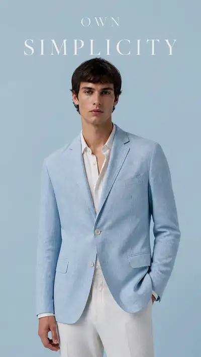 Zara editorial portrait, model in powder blue linen blazer