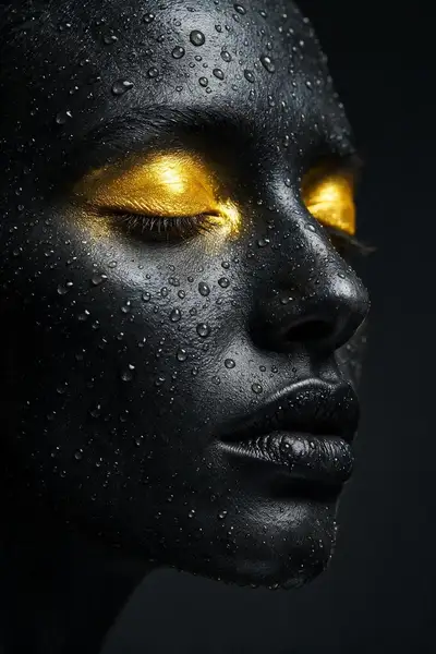 Macro beauty portrait with charcoal body paint and golden eyelids