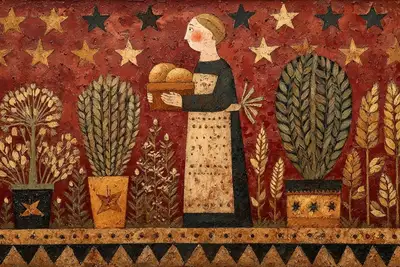 Naive folk art painting template with symbolic borders