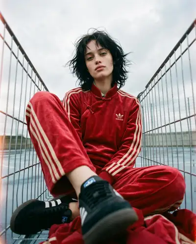 POV shopping-cart portrait in red Adidas cheongsam outfit