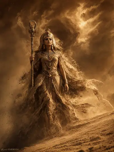 Reine sorcière de l'Égypte antique dans une tempête de sable