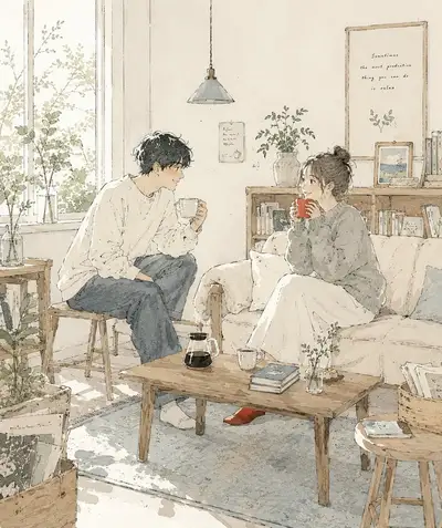 温馨日常生活风格日式素描插画模板